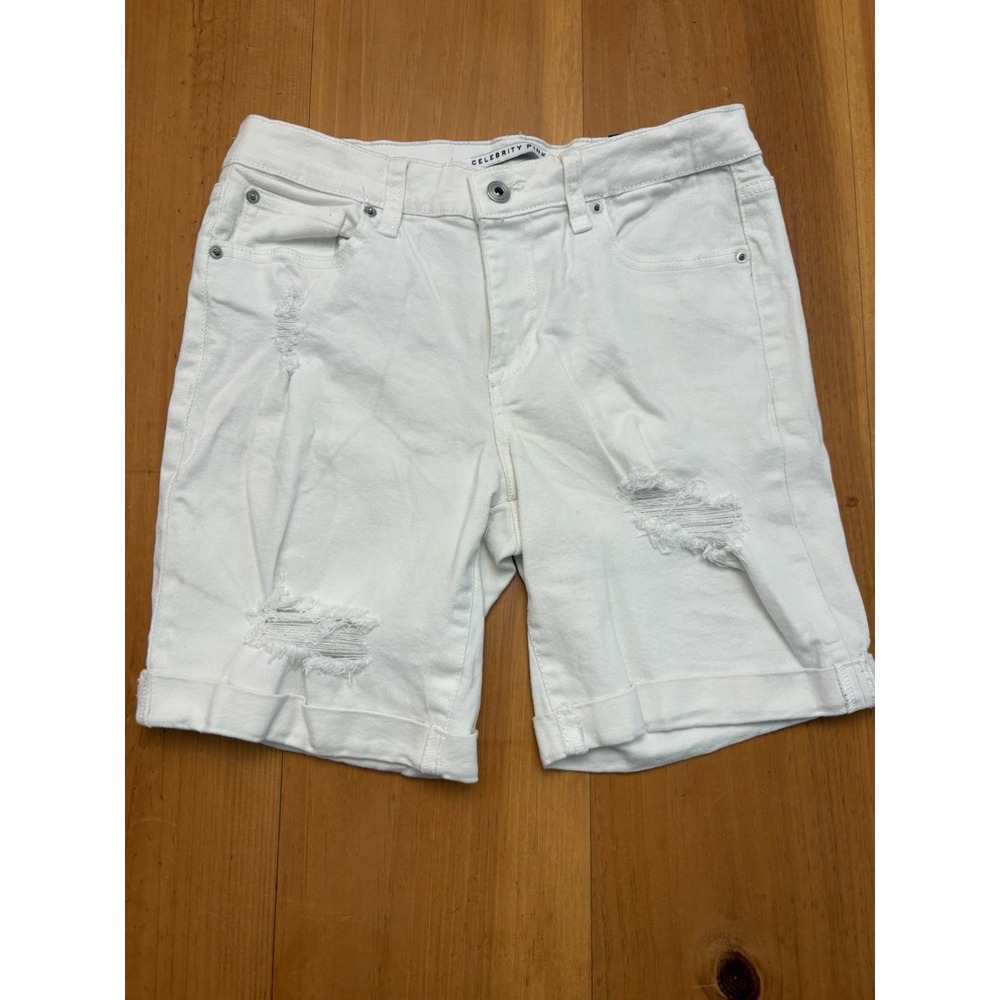 Celebrity Pink White Bermuda Denim Shorts Womens Size 9 Distressed Stretch